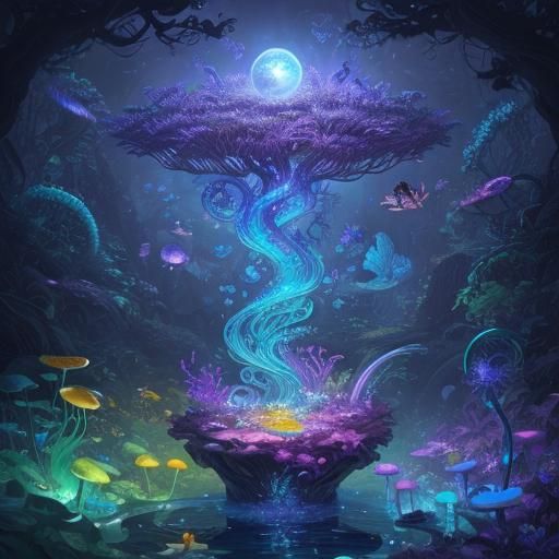 Peacock Snail in Glowing Neon Lily Forest