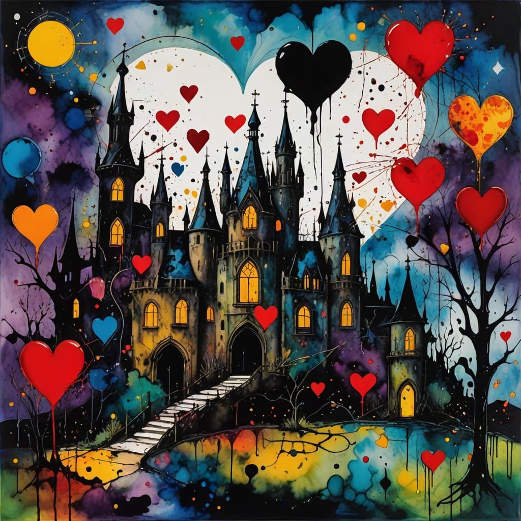 Whimsical Gothic Valentine's Scene in Vibrant Crayon Lines