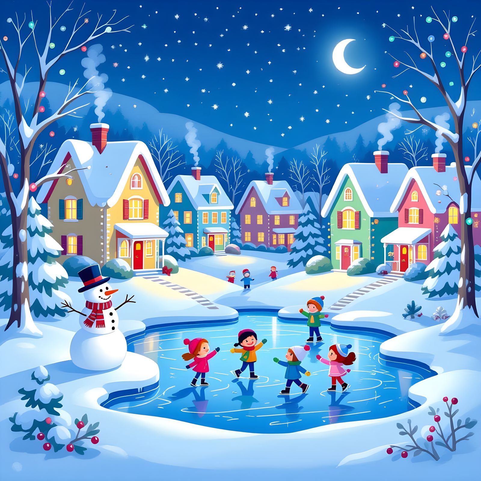 Vibrant Christmas Village with Skating Kids and Snowman