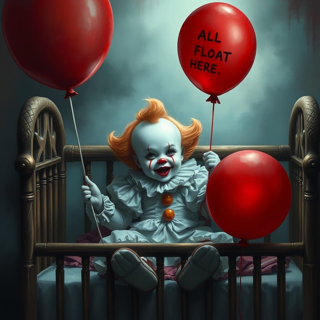 Baby Pennywise with Red Balloon in Ethereal Mist