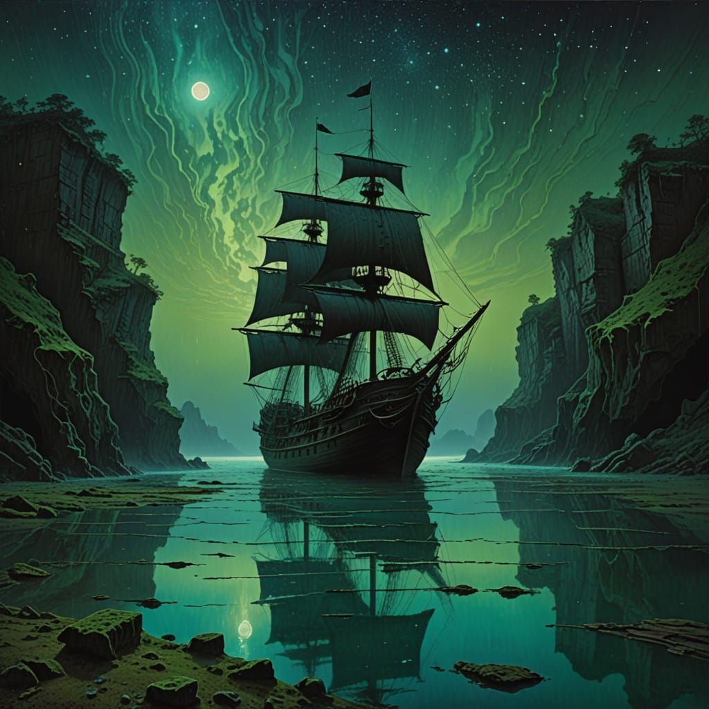 Mystical Cove at Night, Illuminated by Starlight and Algae