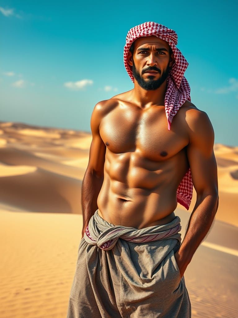 Muscular Desert Nomad in Traditional Attire