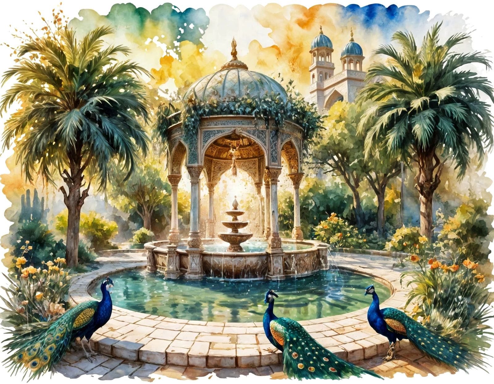 a shaded orchard in which peacocks roam around a big fountain