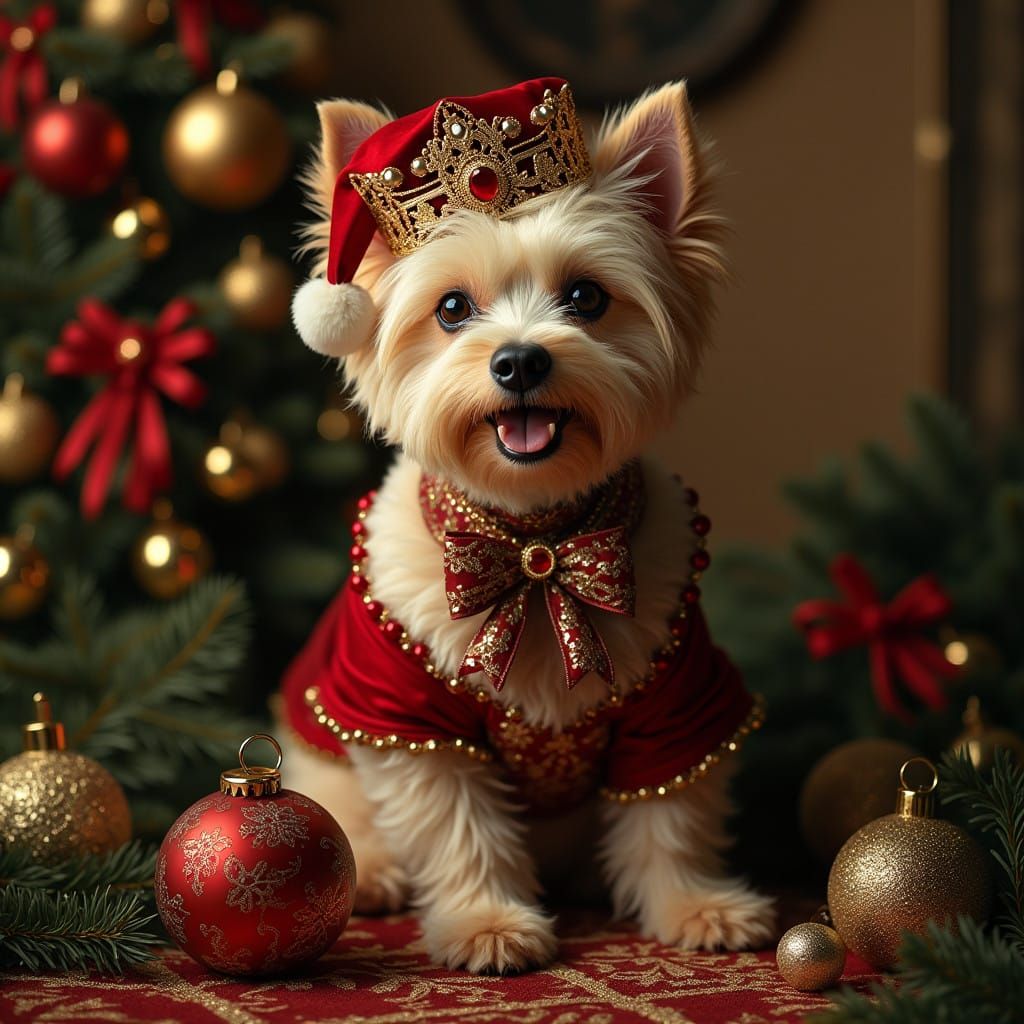 Elegant Canine in Luxurious Christmas Regalia
