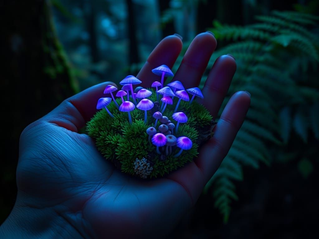 Glowing Mushrooms in the Palm of a Hand