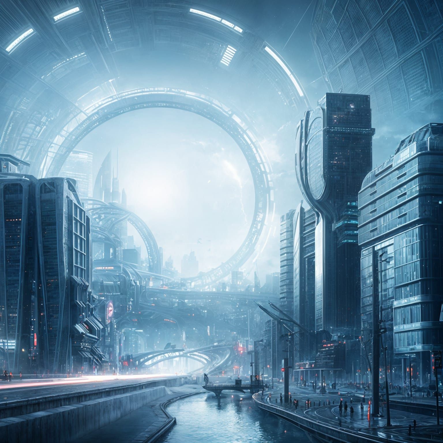 Futuristic Circular Glass City in Dystopian Style