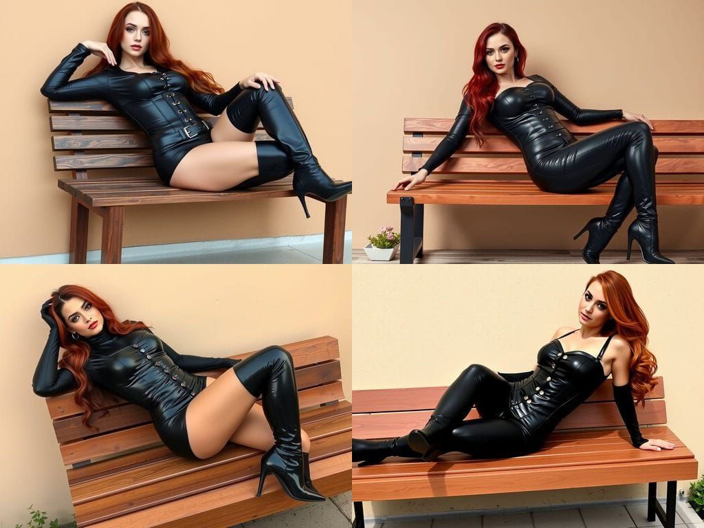 A woman lounges on a wooden bench, her posture relaxed yet assertive, leaning back on her right arm. She is clad in a st...