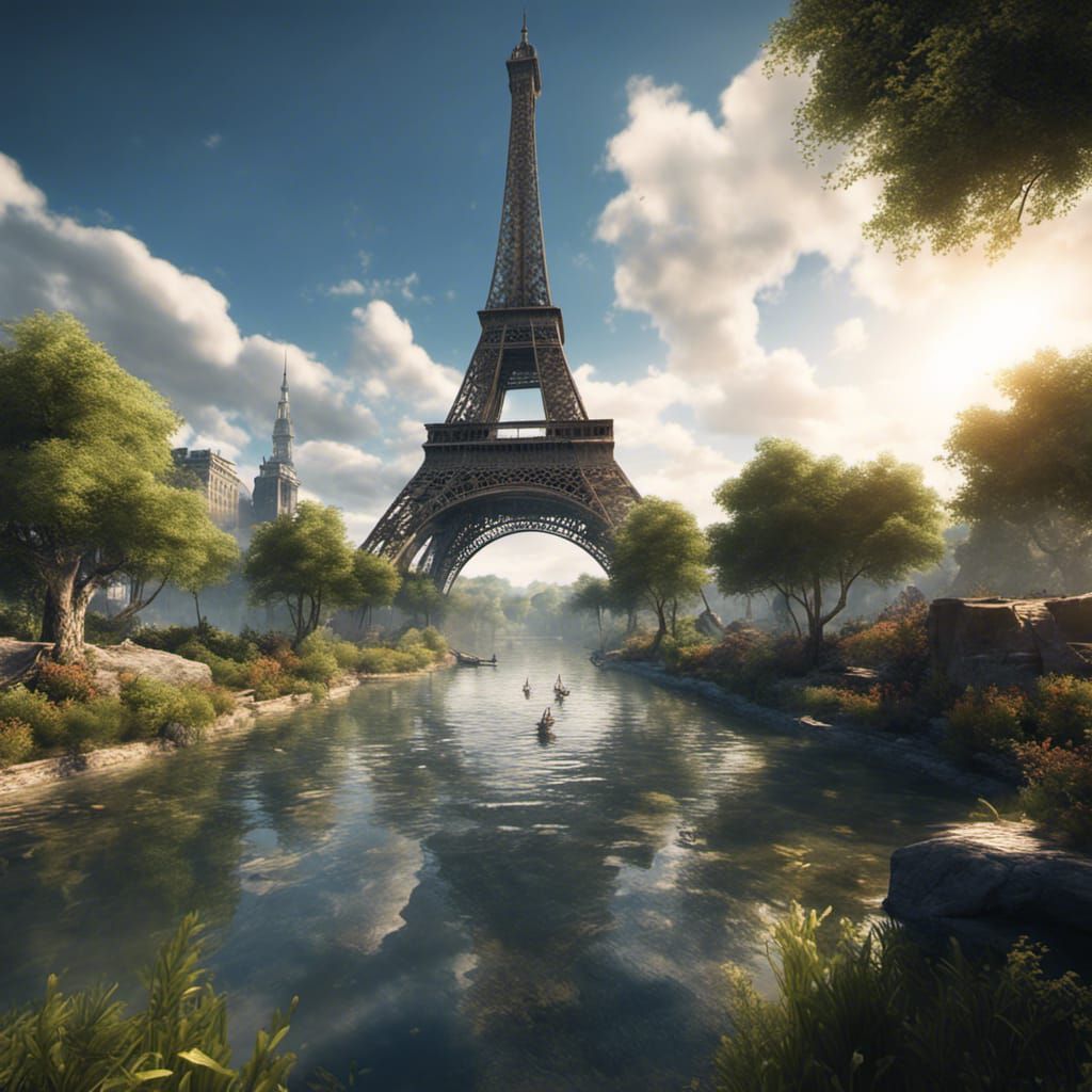Overgrown Eiffel Tower in Flooded, Apocalyptic Paris