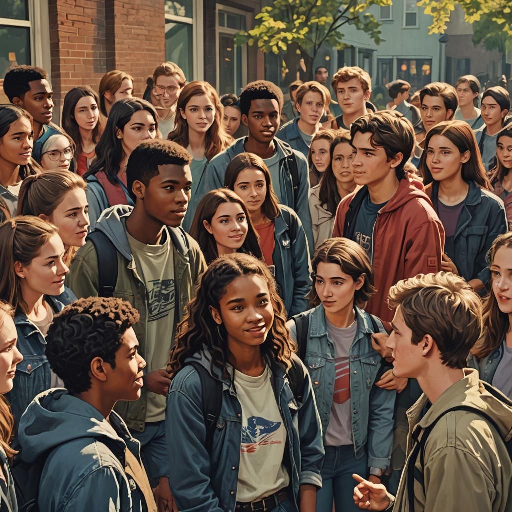 Diverse Teens in Animated Conversation: Cinematic Illustrati...