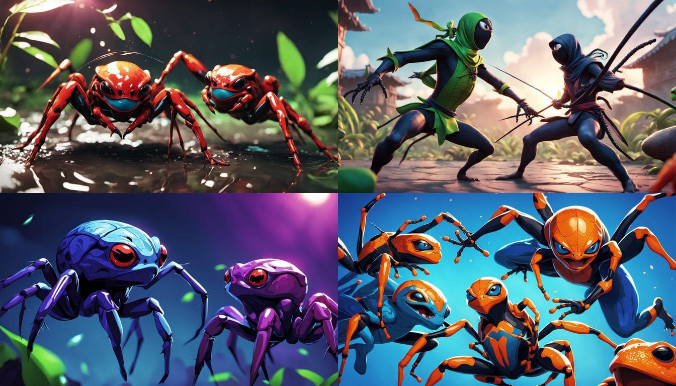 Ninja Spiders vs Ninja Frogs in Anime Manga Style