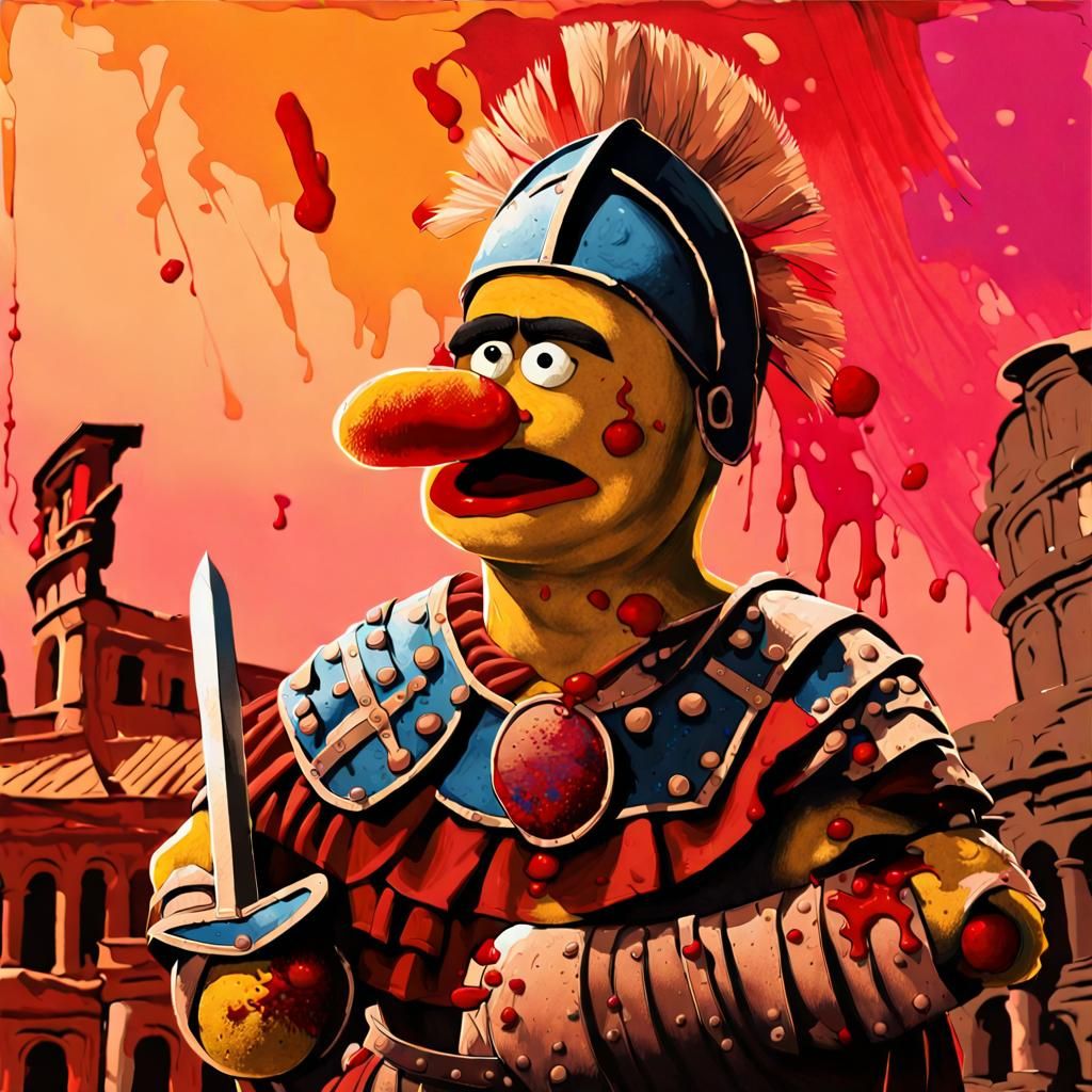 Gig Bird from Sesame St. dressed as a Roman Gladiator, blood...