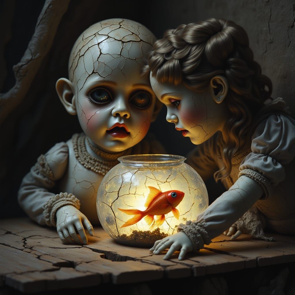Cracked Doll Gazes at Ethereal Goldfish in Glowing Fishbowl