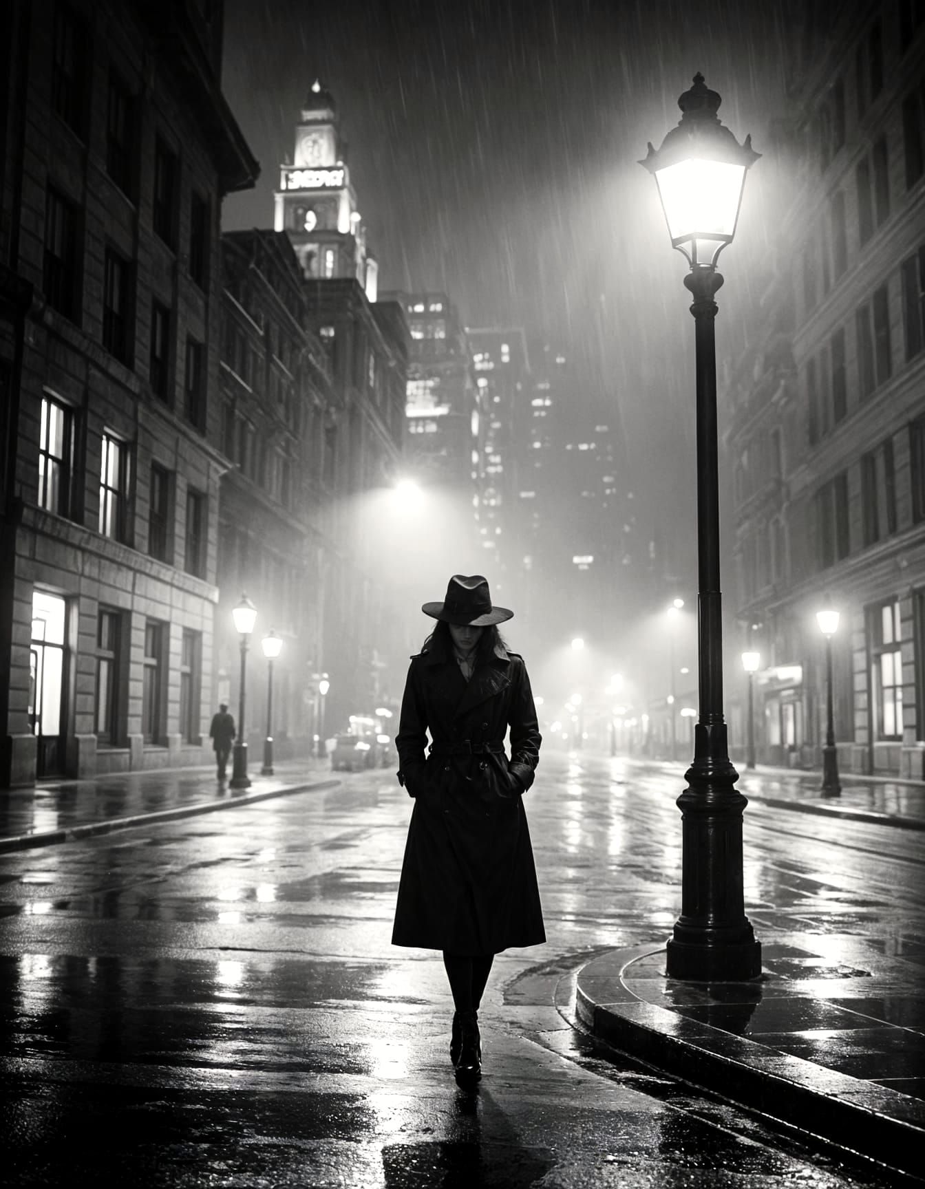 Mysterious Woman on Rainy City Street at Night