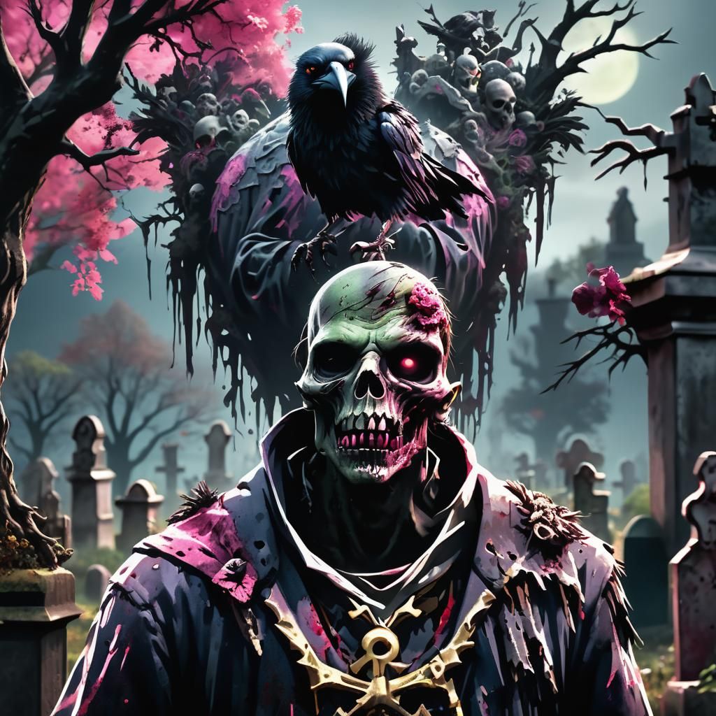 Zombie Portrait in Graveyard with Crow and Exposed Brain