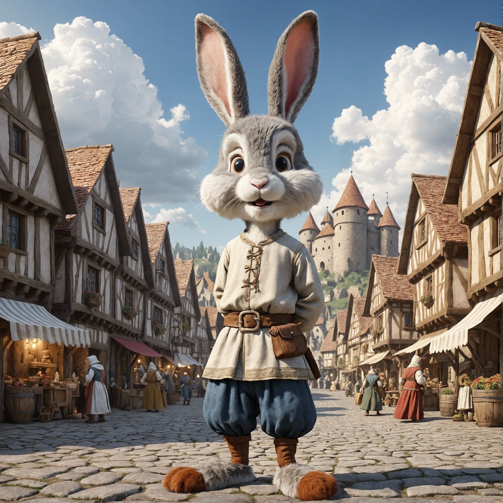 Cartoon Rabbit in Medieval Town, CGI Render