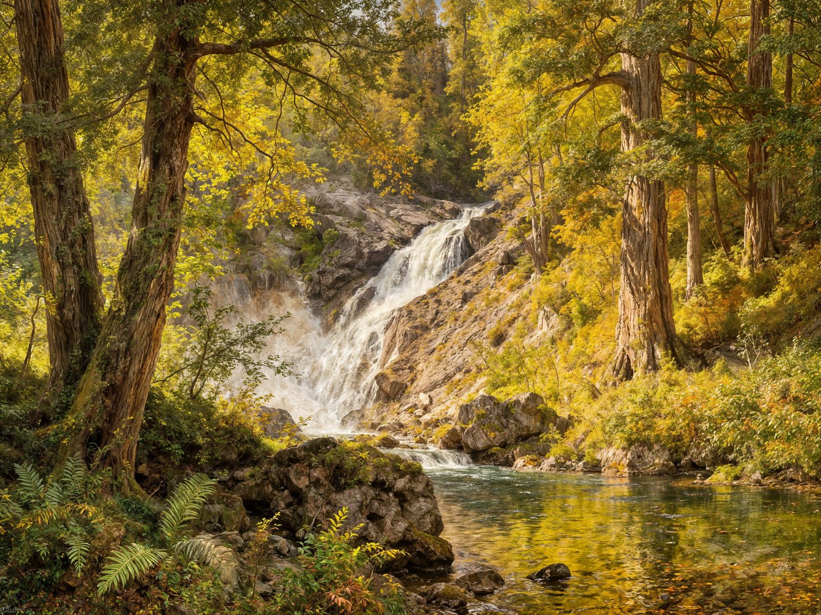 Majestic Waterfall in Lush Forest, Oil Painting