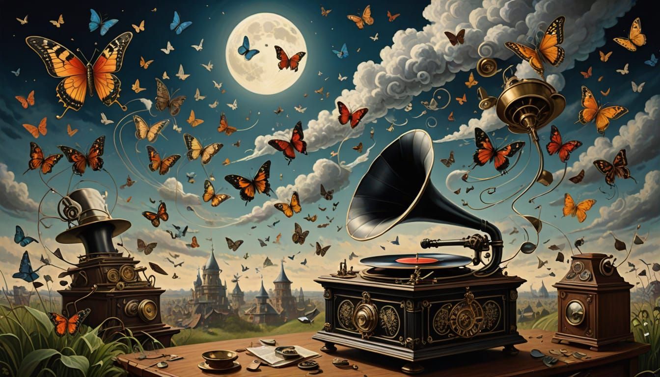 Steam-Punk Whimsy: Gramophones Dance with Music Notes