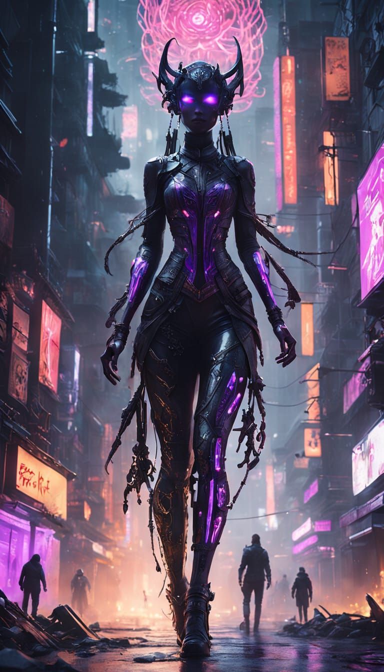 Cyberpunk Demoness in Neon Lit Cityscape