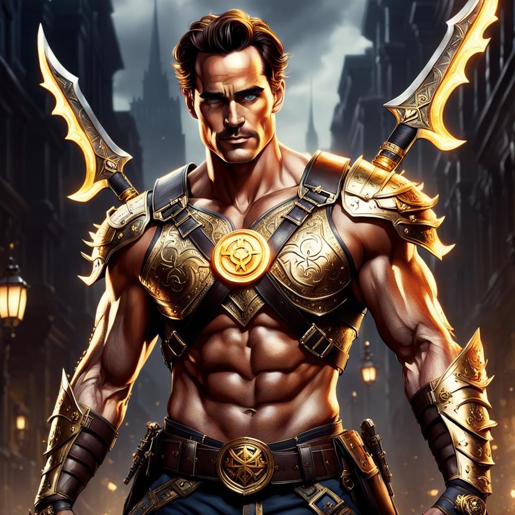 Victorian Paladin with Glowing Axes and Holy Symbol