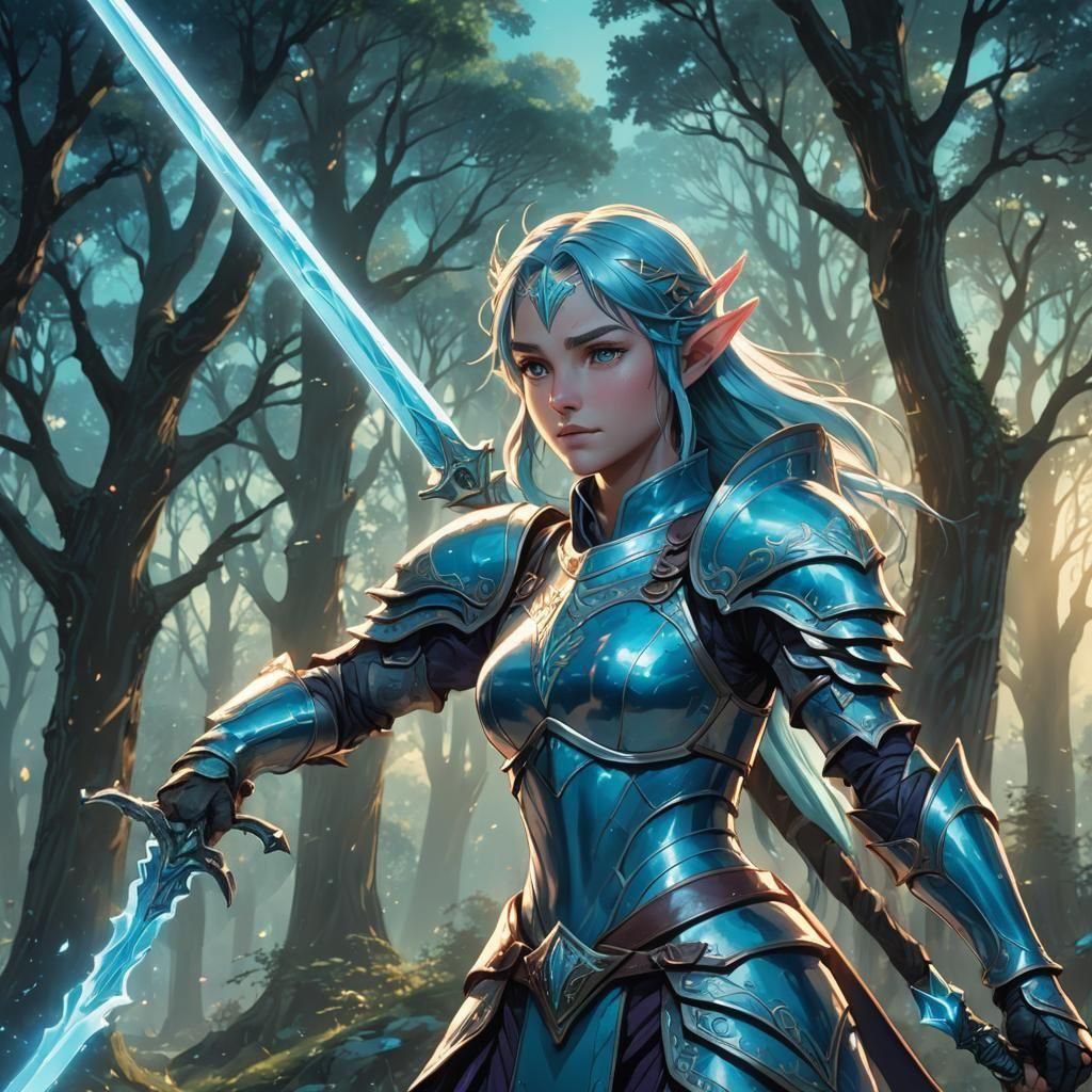 Female elven knight in light blue armor holding a glowing cy...