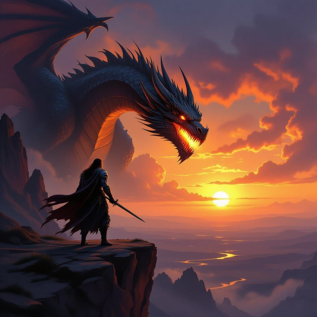 Epic Fantasy Warrior Confronts Colossal Dragon at Sunset