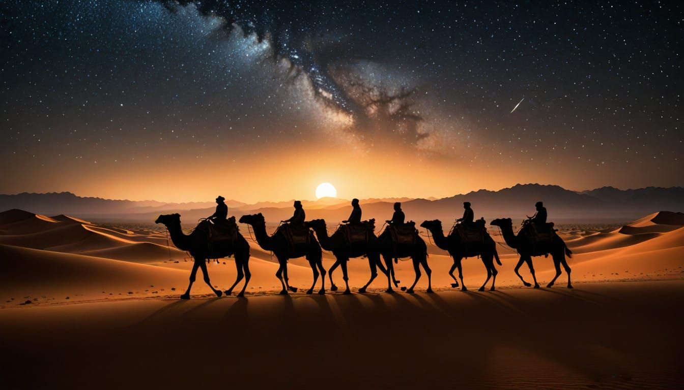 Silhouette Art Masterpiece: Desert Caravan Under Starry Skie...