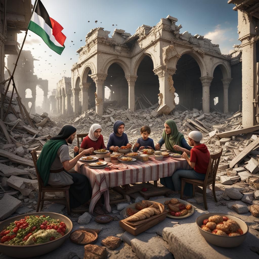 Family Feast Among Gaza Ruins: Detailed Matte Painting
