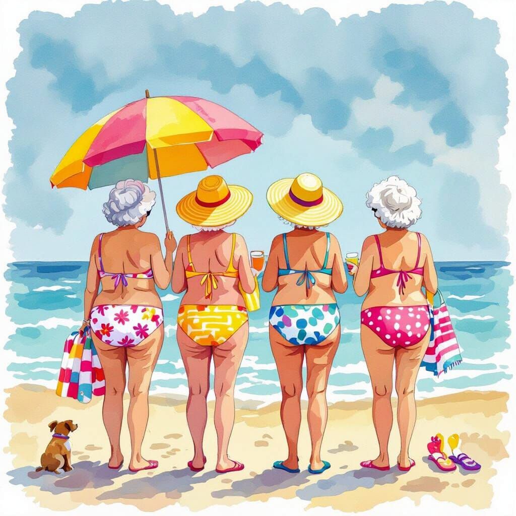 Whimsical Watercolor: Four Grandmas at the Beach