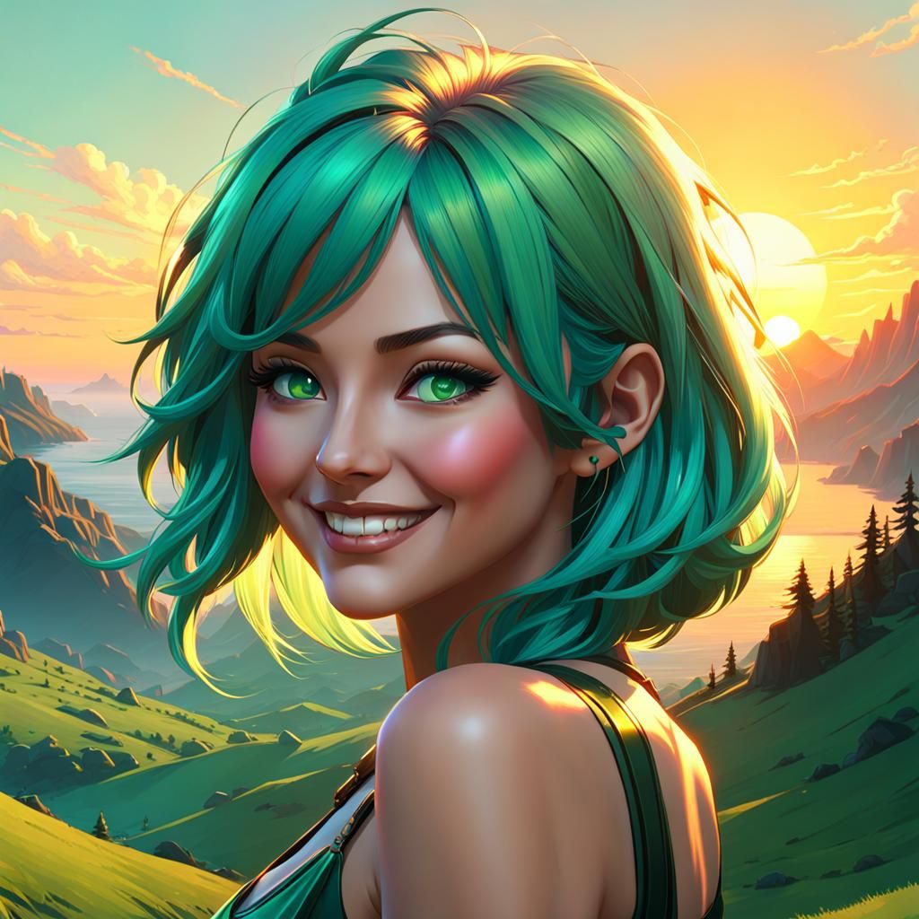 Green-Haired Girl in Sunset Landscape, Digital Art