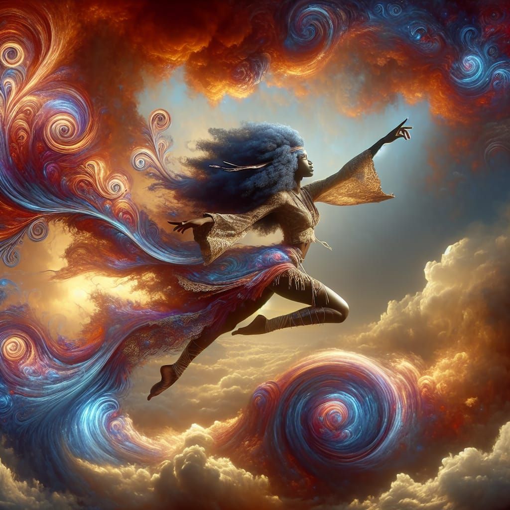 Hippie Girl's Surreal Skyward Journey: Digital Art