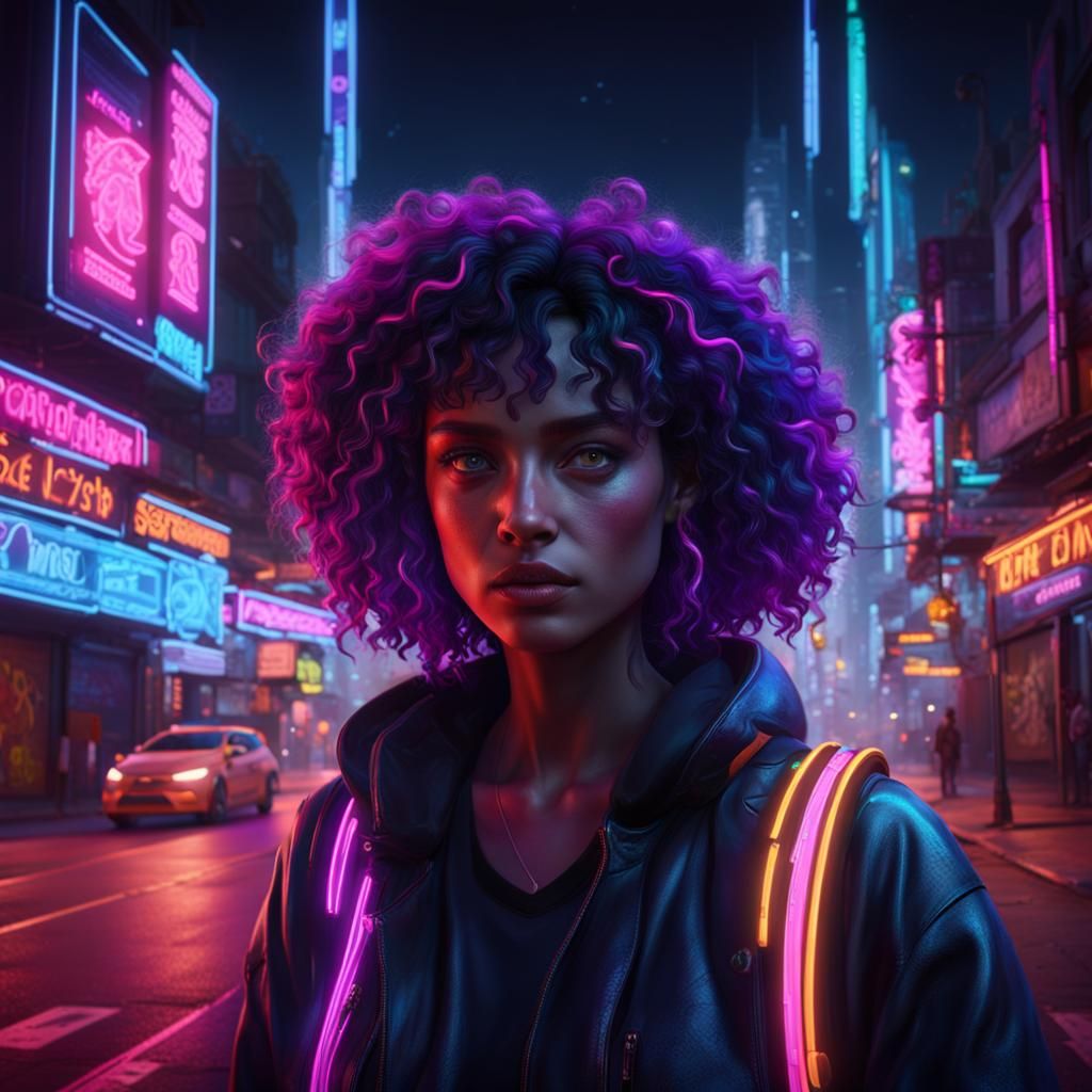 Neon-Lit Girl Walks City Street: Fantasy Art