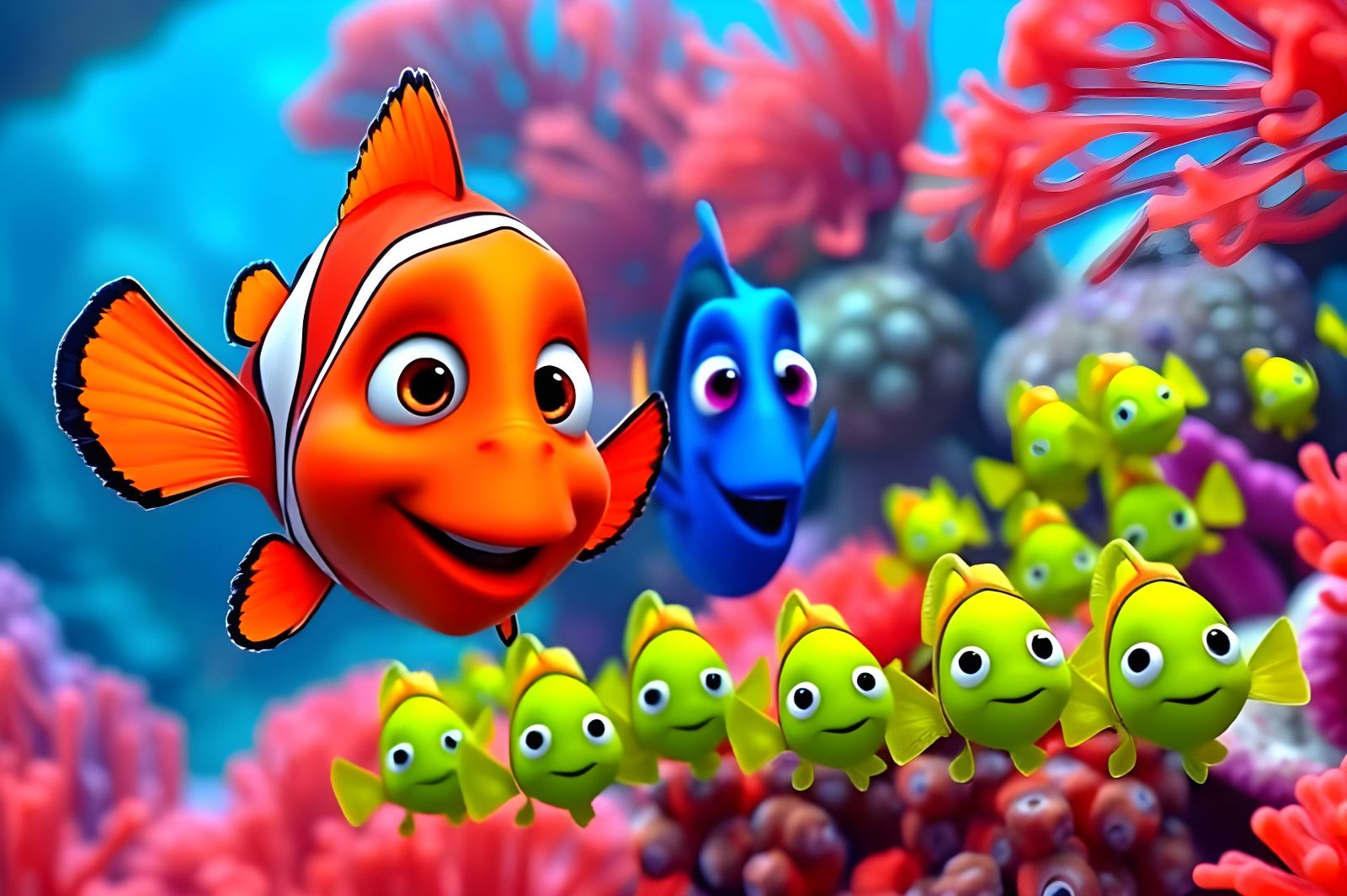 Neon Clownfish and Friends in Pixar Style