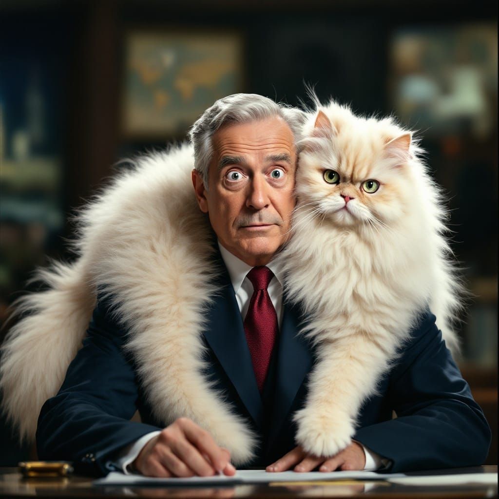 Middle-Aged Newscaster Surprised by Elegant Persian Cat in A...