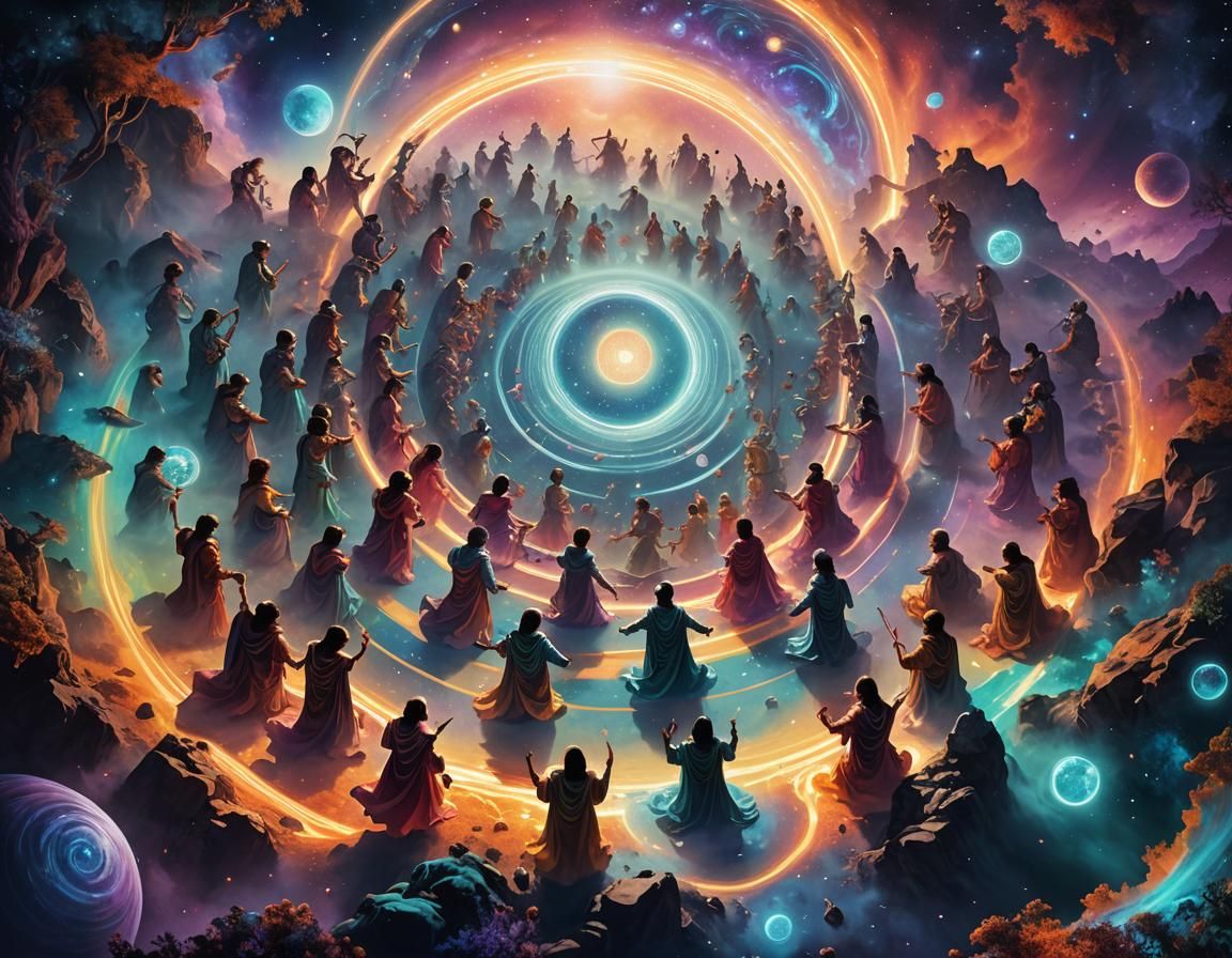 Astral Tribes Gather on Iridescent Planet in Digital Art