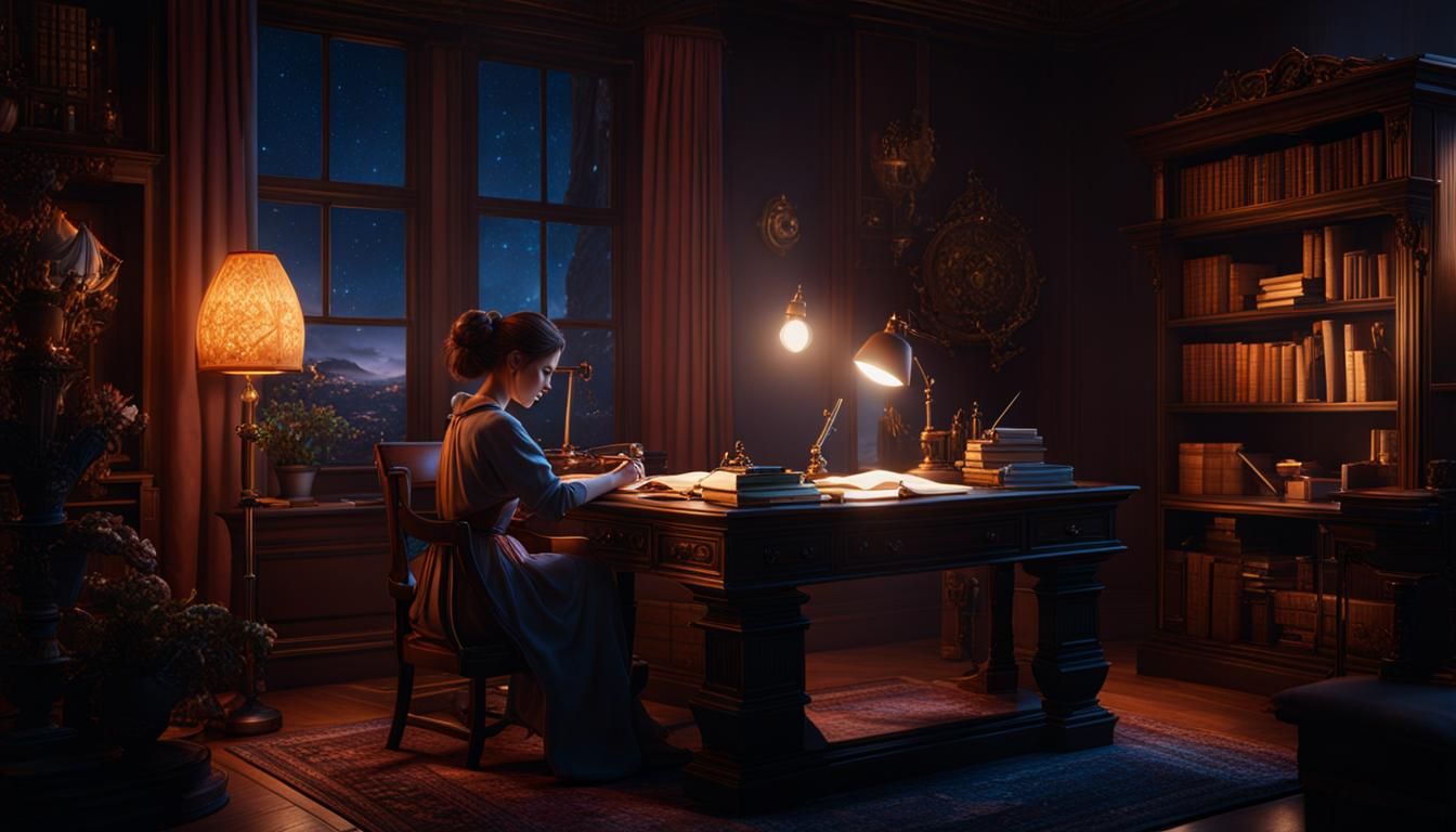 Young Woman Writes at Night: Detailed Matte Painting
