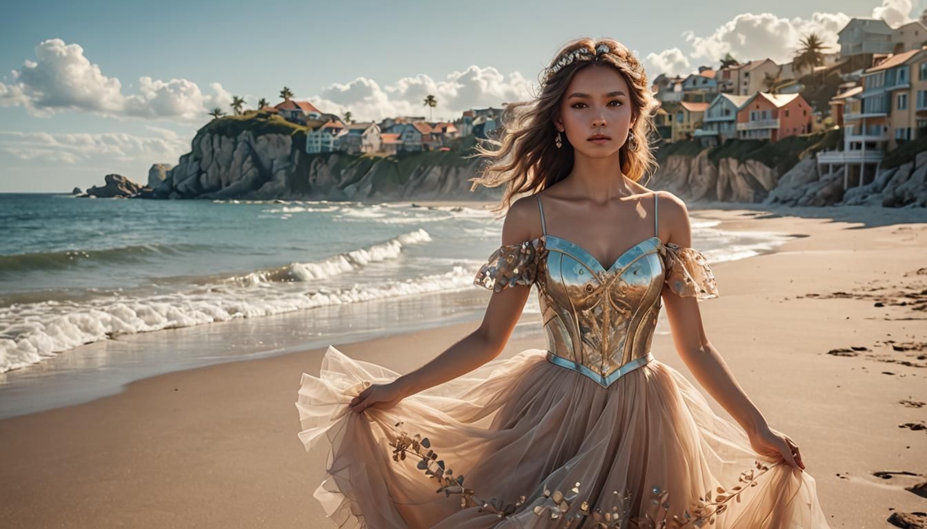 Woman in Tulle Outfit at Beach in Splash Art Style
