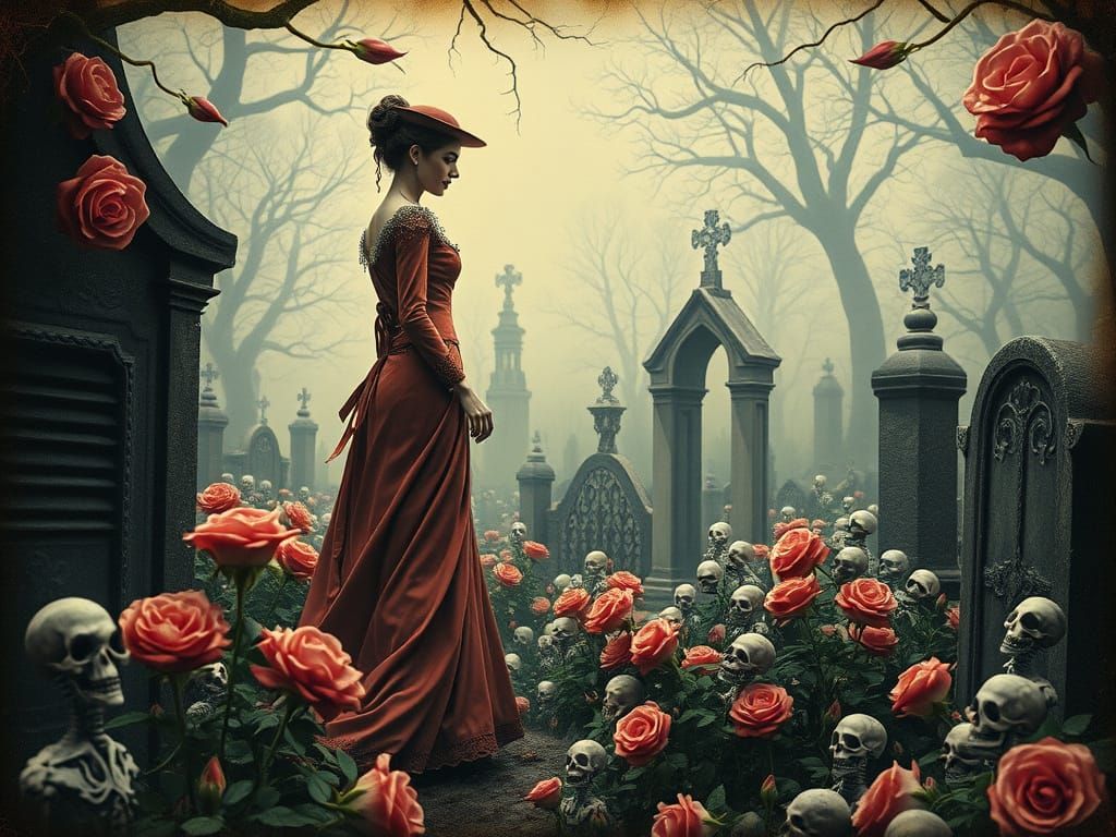 Victorian Woman in Surreal Gothic Cemetery