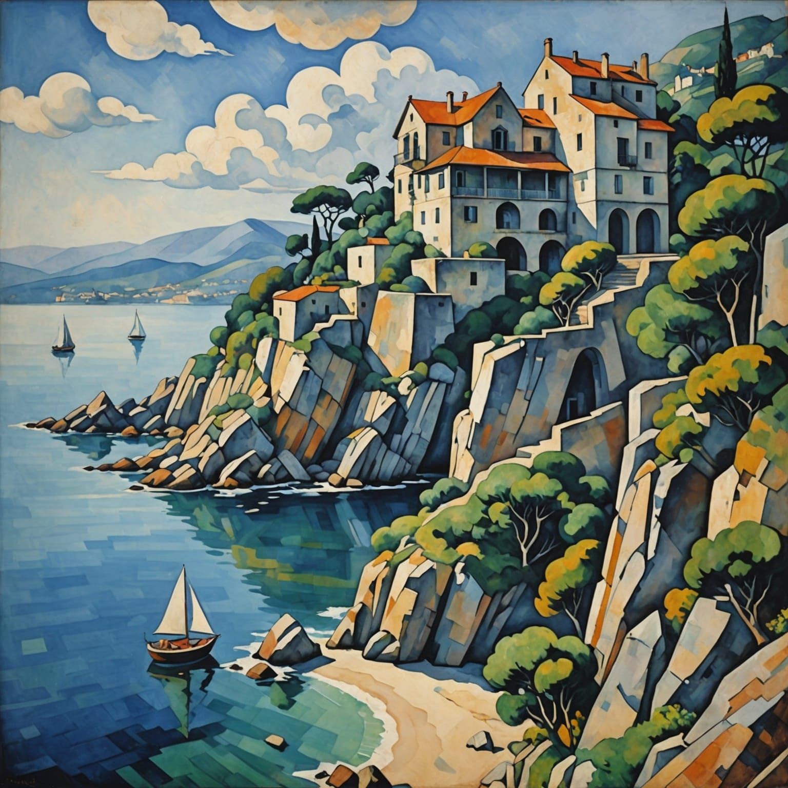 Cubist House Overlooking Sea in Cezanne Style