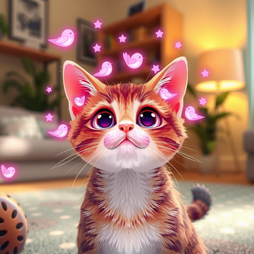 Dizzy Cartoon Cat with Luminous Birds and Stars