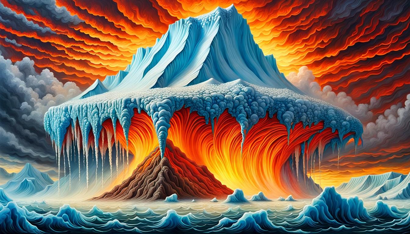 Volcanic Eruption Near Greenland Ice Shelf in Vibrant Colors