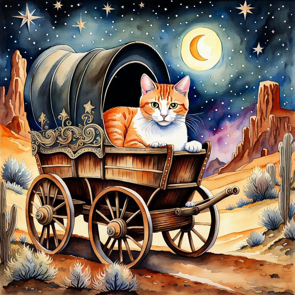 Anthropomorphic Cat in Steampunk Wild West Wagon