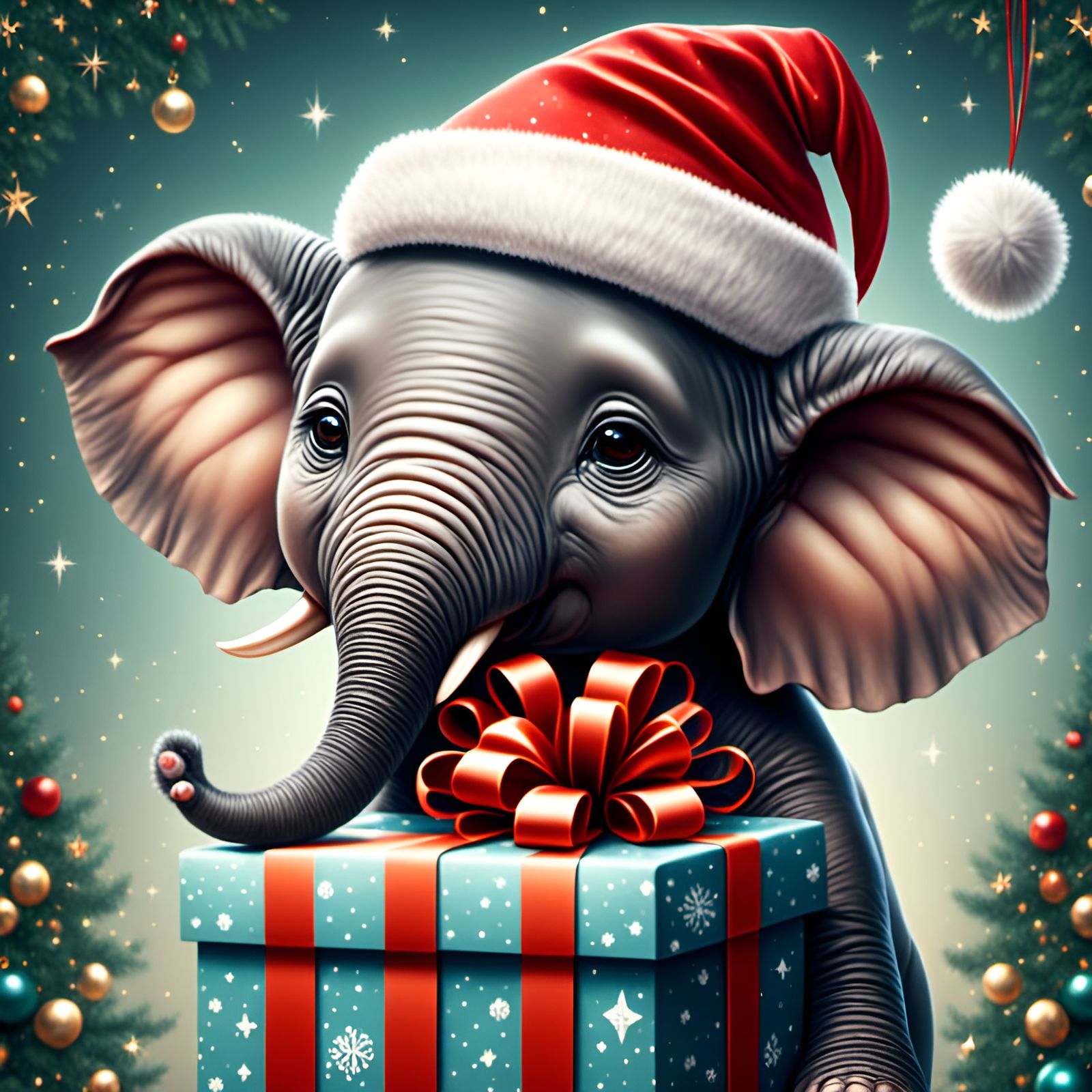 Cute Baby Elephant Celebrates Christmas