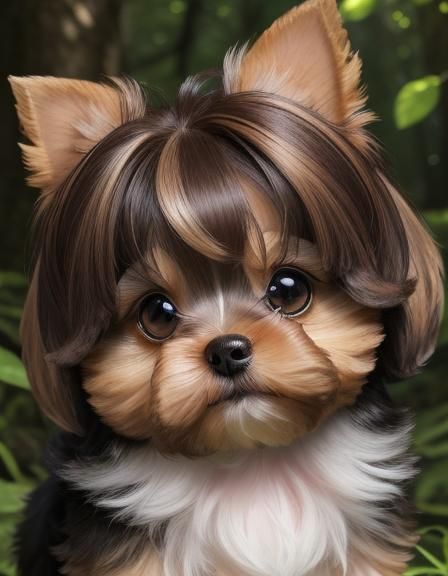 Chibi Kawaii Yorkie Puppy Portrait in Lush Forest