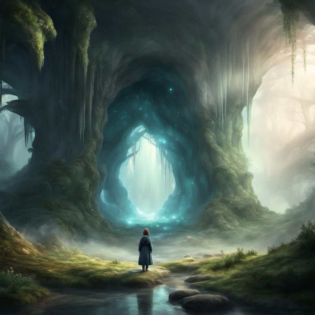 Ethereal Child Soul in Misty Forest Cave