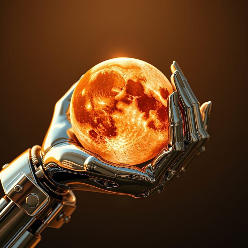 Chrome Android Hand Cradling Moon in Sci-Fi Style