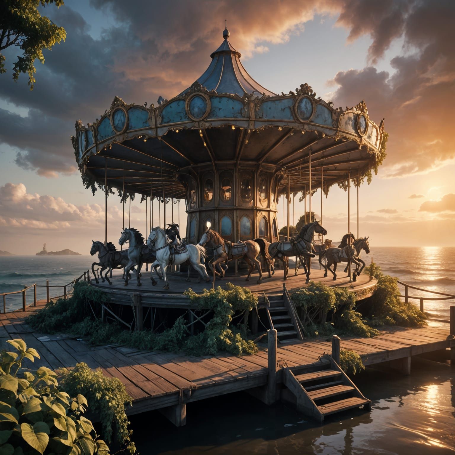 Eerie Abandoned Carousel at Sunset