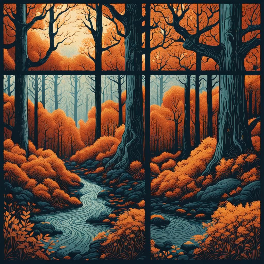 Four Seasons Forest Linocut Print in Vertical Panels