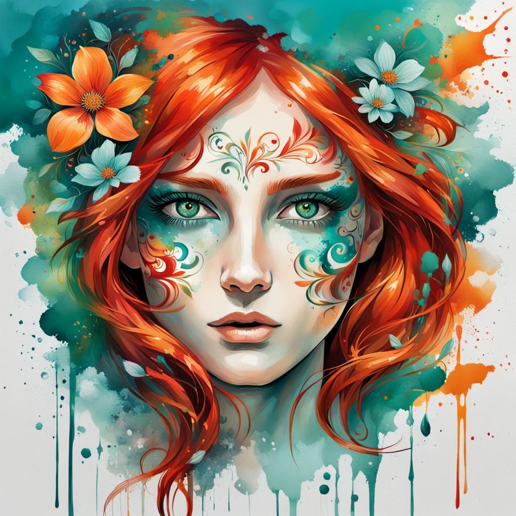 Vibrant Portrait of Woman with Red Hair in Splash Art