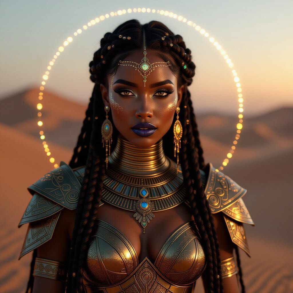 "A captivating photograph in the style of fantasy art portrays a luminous, pretty Black Egyptian warrior-woman, her face...
