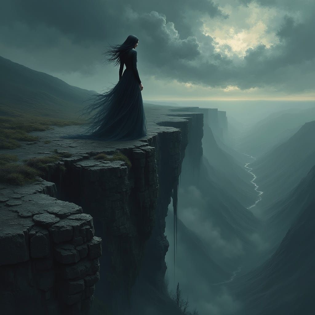 Ethereal Woman at Cliff's Edge in Dark, Ominous Landscape